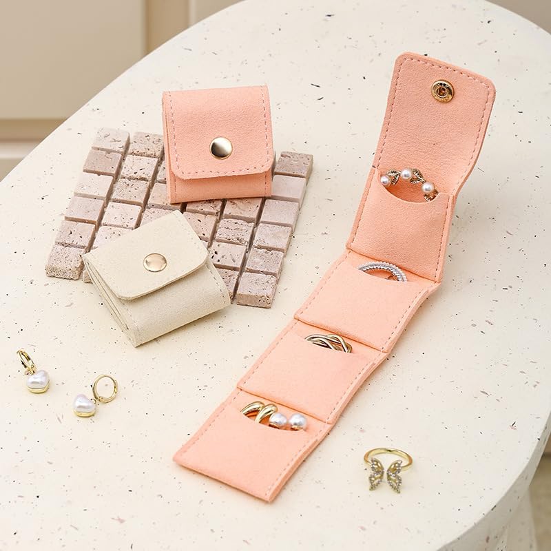 Wendyan Mini Travel Jewelry Bag, Mini Travel Jewelry Roll Bag with Buckle, Portable Foldable Travel Jewelry Organizer Case, Small Jewelry Box for Earrings, Rings, Necklaces (Gray+Pink+White) - Image 4
